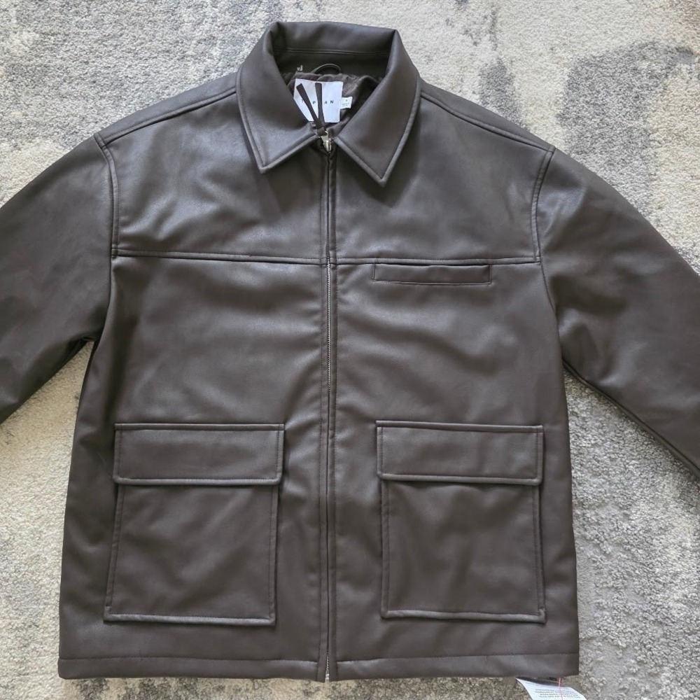 Topman Mens Dark Brown Faux Vegan Leather Trucker Jacket Size S Quilted Lined - Picture 9 of 14